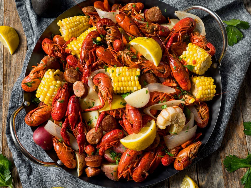 Homemade Southern Crawfish Boil with Potatoes Sausage and Corn
