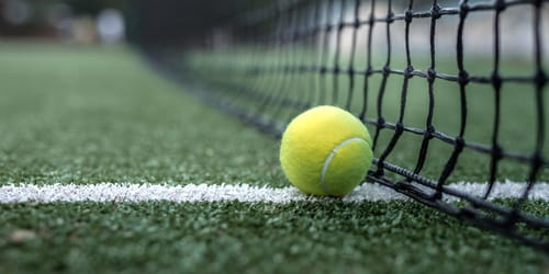 Yellow tennis ball at the net on the court
