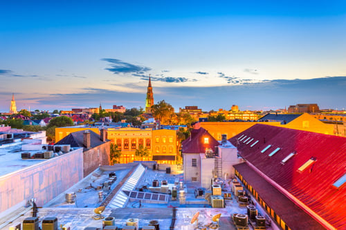 Charleston, South Carolina, USA skyline in the French Quarter.